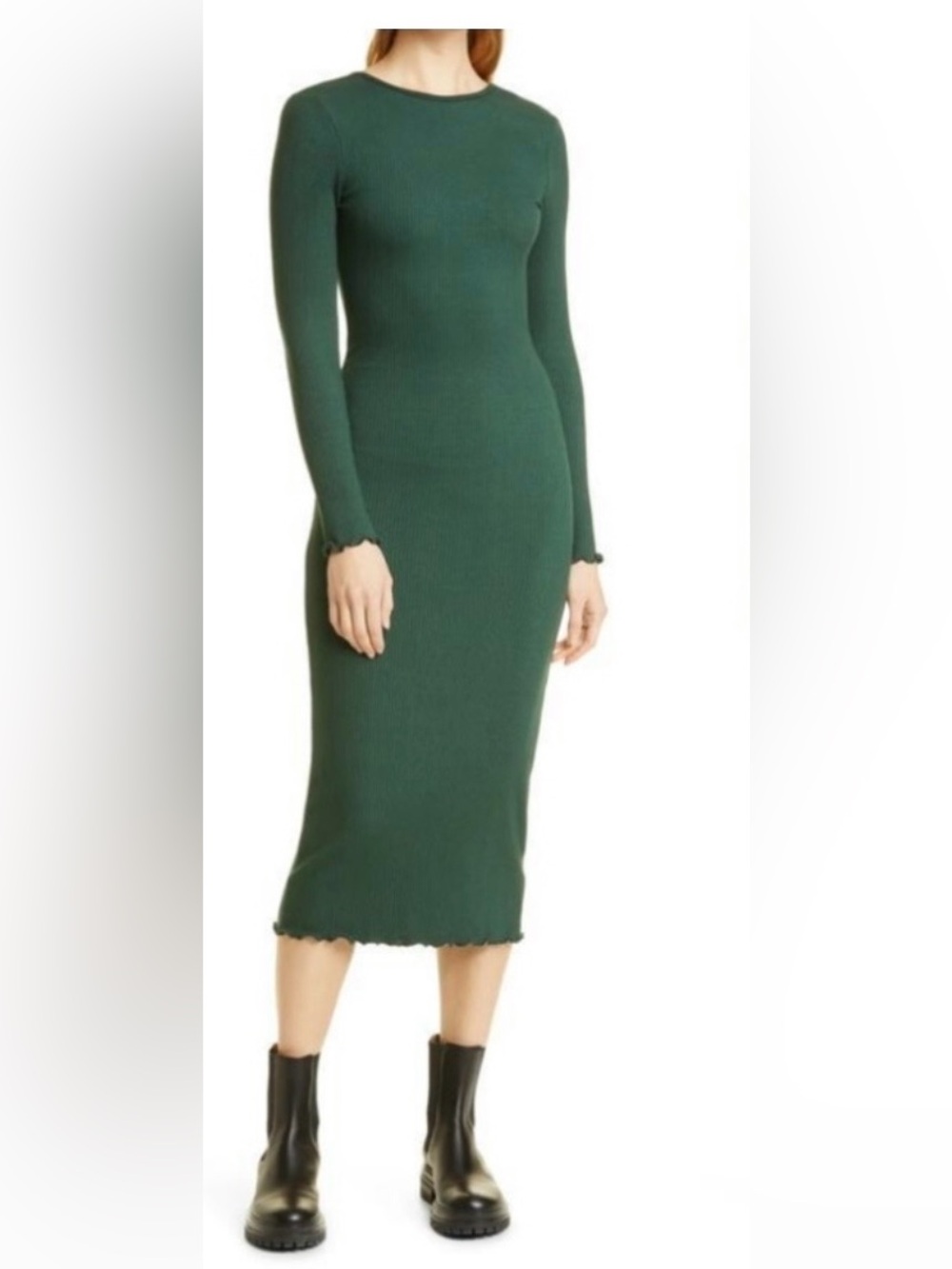Green V-Neck Long Sleeve Dress